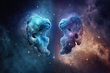 Gemini zodiac sign against space nebula background. Astrology calendar. Esoteric horoscope and fortune telling concept, created with Generative AI