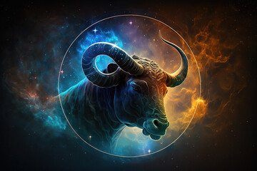 Obraz na płótnie Canvas Taurus zodiac sign against space nebula background. Astrology calendar. Esoteric horoscope and fortune telling concept, created with Generative AI