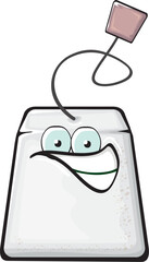 Cartoon tea bag characters isolated on white background. Funky paper tea bag character with eyes and mouth. Vector white teabag with clip art, emoji, label and sticker