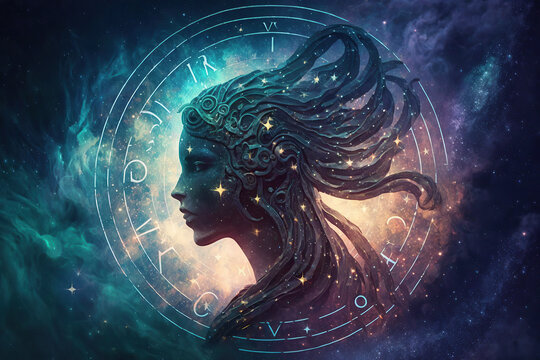 Virgo zodiac sign against space nebula background. Astrology calendar. Esoteric horoscope and fortune telling concept, created with Generative AI