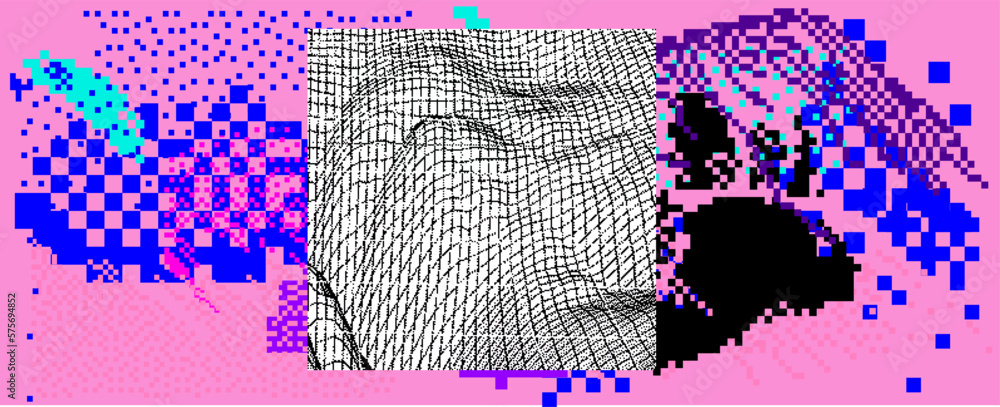 Poster 3D landscape made of a polygonal grid. Sci-fi vaporwave and synthwave style background. 