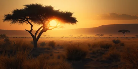 Foto op Aluminium Sunset in the African savanna - Generative AI © Zerbor