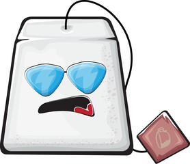 Cartoon tea bag characters isolated on white background. Funky paper tea bag character with eyes and mouth. Vector white teabag with clip art, emoji, label and sticker