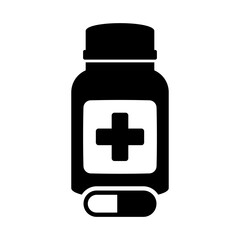 Medicine bottle and pills icon. Black and white icon. Vector illustration.