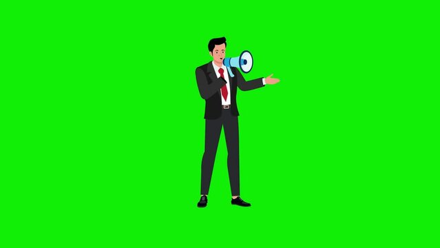 Business man talks to megaphone 2d animation green screen 4k