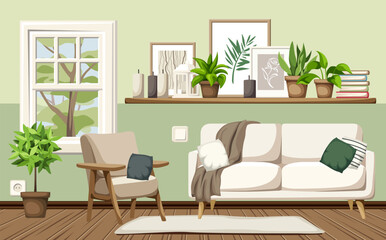 Living room interior with a sofa, an armchair, home decor, houseplants, and a green tree outside the window. Cozy modern room interior design. Cartoon vector illustration
