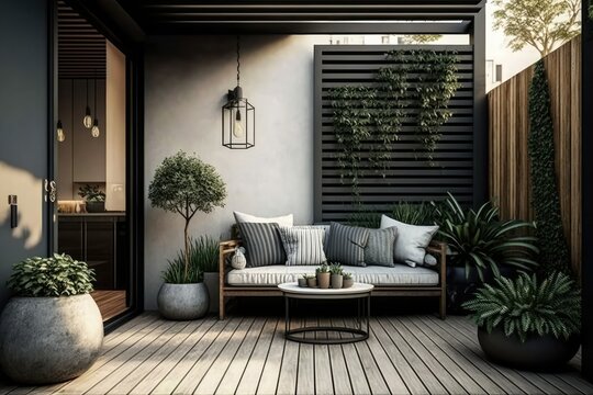 Backyard outdoor contemporary lounge. There are plants, a wooden table and wall, plus a sofa, armchair, and lanterns in the terrace house. Patio or balcony with a cozy nook. Wooden deck with outdoor s