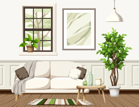 Scandinavian room interior with a window, a white sofa, a big ficus tree, and a painting on the wall. Modern living room interior design. Cartoon vector illustration