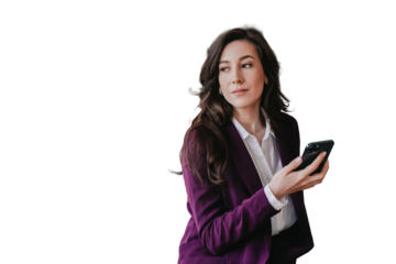 Exhausted brunette European businesswoman in violet suit against transparent background holds phone looks aside with pensive face tired at home. Puzzled Hispanic woman feels fatigue. Failure, mistake.