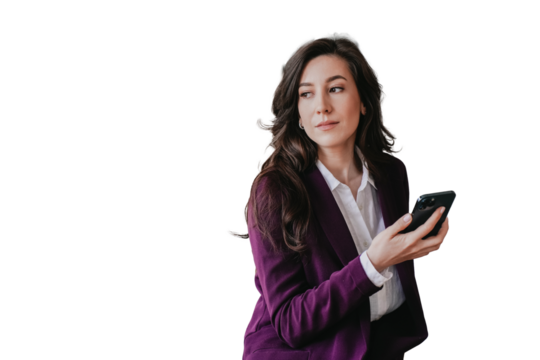 Exhausted brunette European businesswoman in violet suit against transparent background holds phone looks aside with pensive face tired at home. Puzzled Hispanic woman feels fatigue. Failure, mistake.
