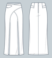 Wrap maxi Skirt technical fashion illustration.  Denim Skirt fashion flat technical drawing template, two front slits, zip-up, front and back view, white, women CAD mockup. - obrazy, fototapety, plakaty