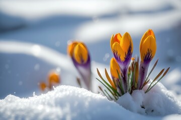 Crocuses in the snow close up. AI generation