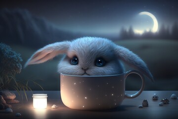 cute bunny in a coffee mug in a forest at night - generative ai