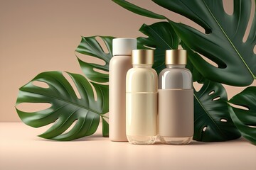 Light glass cosmetic bottles on a beige background. AI generation