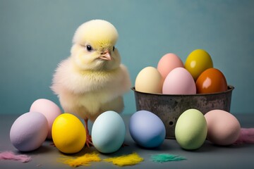 Little fluffy baby chicken between a bunch of coloreful pastel easter eggs - generative AI