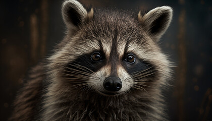 Close-up portrait of a raccoon with striking facial markings, set against a rustic dark wood backdrop