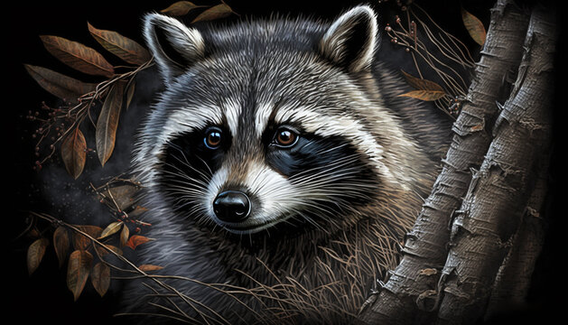 A raccoon peeks out from the darkness surrounded by leaves, its eyes glowing, creating a mysterious nocturnal wildlife scene.
