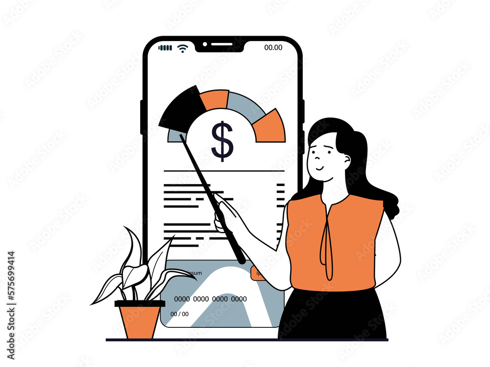 Leinwandbilder finance concept with character situation. woman analyzes financial profit and controls her savings i