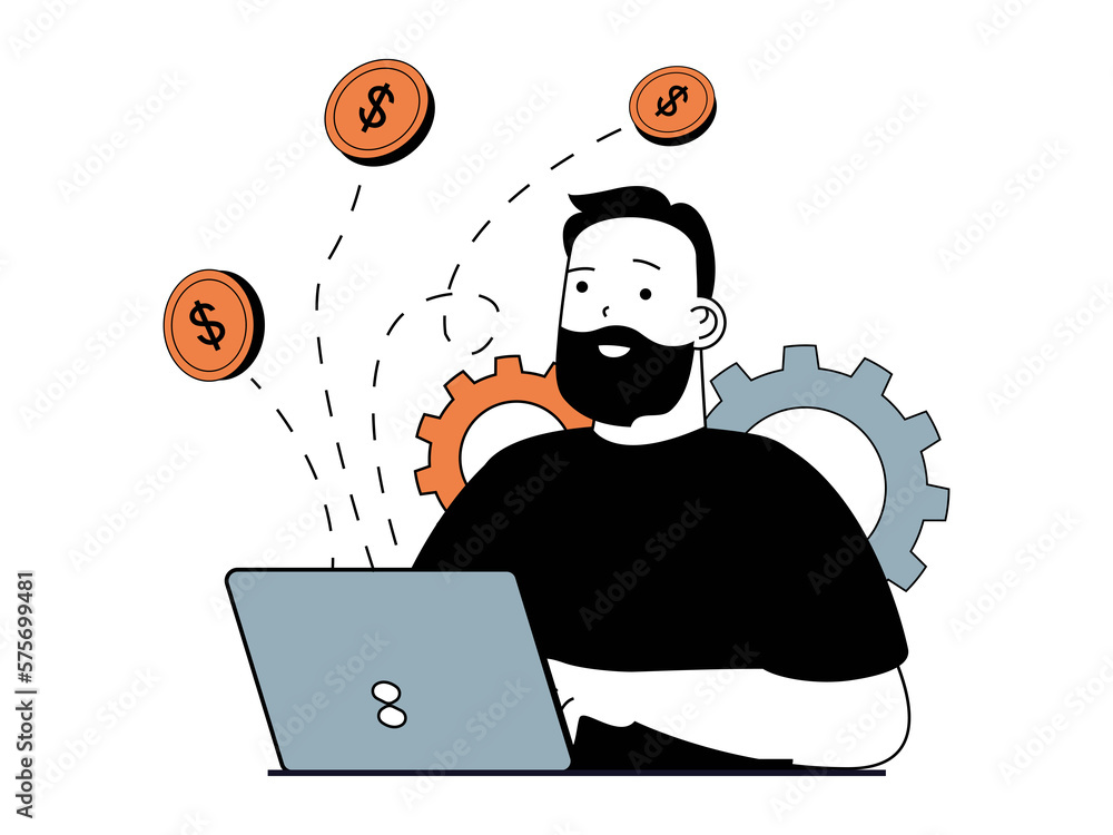 Aufkleber finance concept with character situation. man makes transactions and money transfers using online ba
