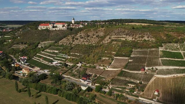 long flight past the vineyards of Freyburg Unstrut. landscape in autumn. river unstrut below the slopes. landscape in saxony anhalt