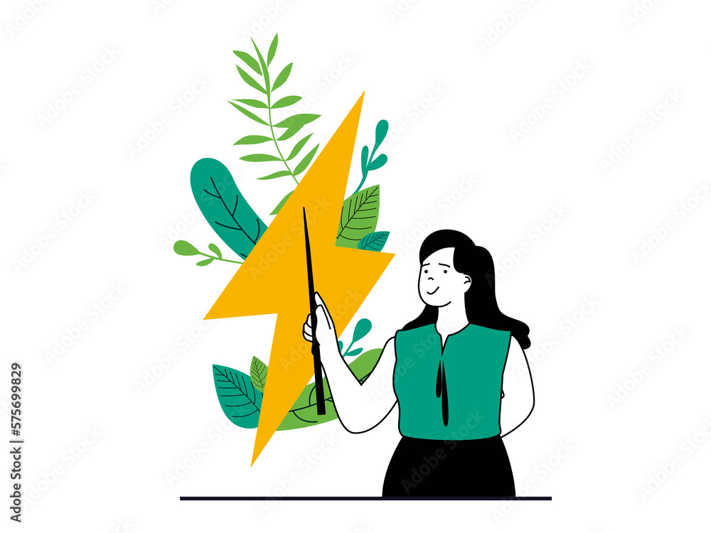 Aufkleber green energy concept with character situation. woman uses alternative and renewable energy sources, 