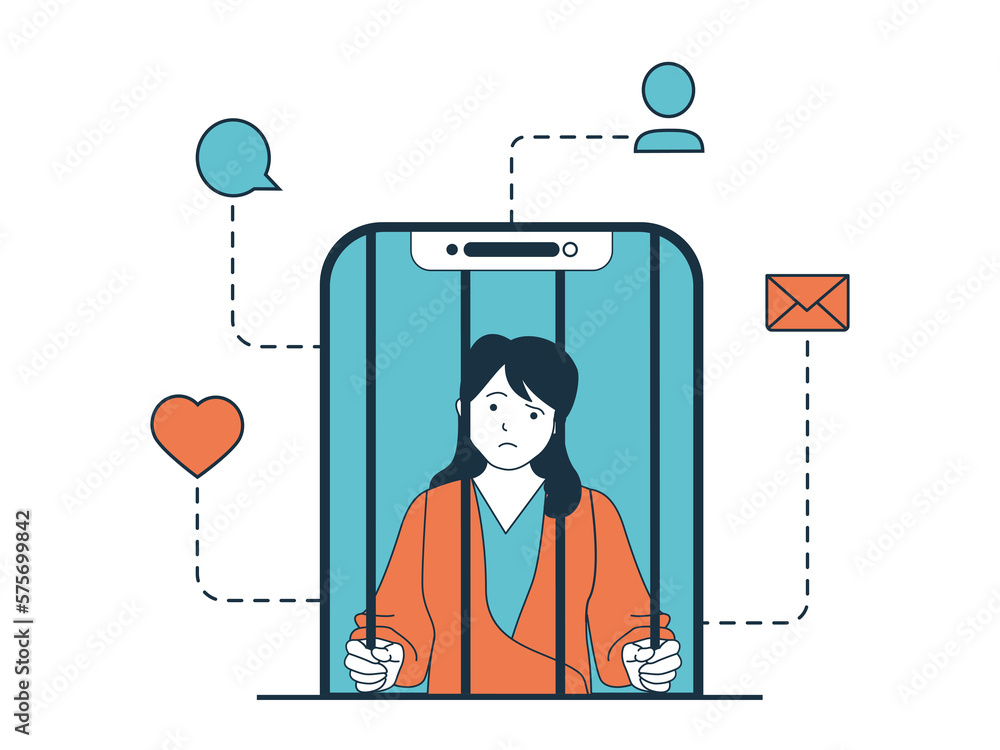 Leinwandbilder internet addiction concept with character situation. woman has addict for social networks and sits i