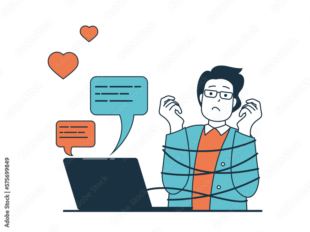 Aufkleber Internet addiction concept with character situation. Man has unhealthy addiction to online chatting and is tied with ropes to laptop. Illustrations with people scene in flat design for web