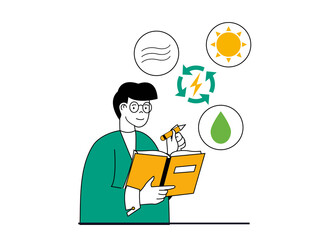 Green energy concept with character situation. Man developing ecological system technology using renewable sources of wind, sun and water. Illustrations with people scene in flat design for web