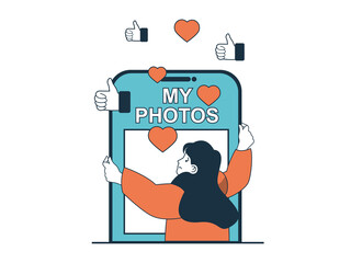 Internet addiction concept with character situation. Woman addicted to attention on Internet, suffers from collecting likes and comments. Illustrations with people scene in flat design for web