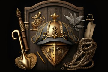 Lock and Key, Gold Coins, Sabre, and Triangle Hat in a Wooden Chest, from Pirates. Generative AI