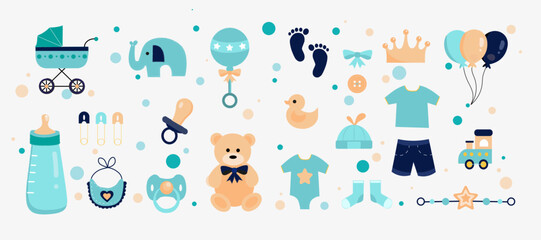 Baby shower boy,  vector icon of baby shower and baby items, boy