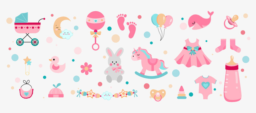 Baby shower girl, Vector illustration of baby shower and baby items, girl
