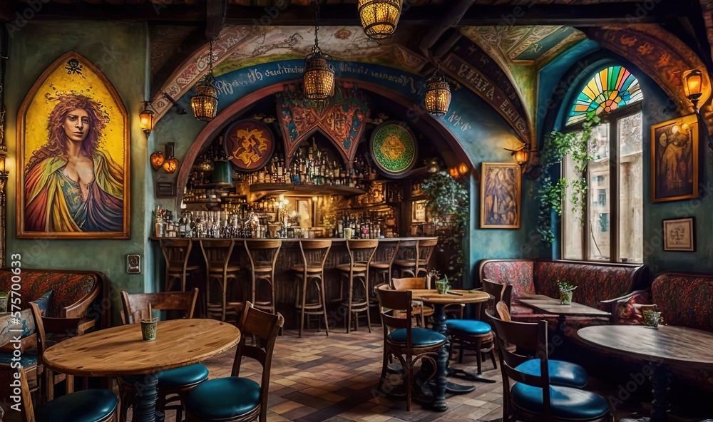 Poster a bar with a lot of tables and chairs in it. generative ai