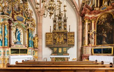 Central altar of The St. Barbara Chapel.  Is a chapel located in the town of Merano in South Tyrol, northern Italy (15th century) - Merano, South Tyrol, Italy - juli 16, 2020