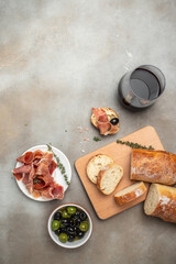 Jamon iberico, spanish ham tapas antipasti. banner, menu, recipe place for text, top view.
