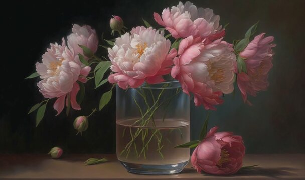  a painting of pink flowers in a glass of water on a table.  generative ai