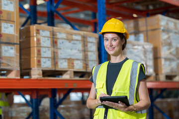 Female warehouse worker work with tablet and wearing hard hat and uniform checks stock and...