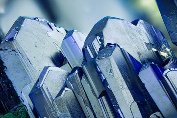 Blue azurite crystal on malachite matrix. macro detail texture background. close-up raw rough...