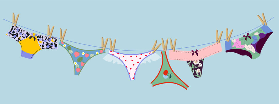 Women's panties hanging on a rope. The underwear is dried after washing. Various options for panties. Vector flat illustration, hand drawing for design.