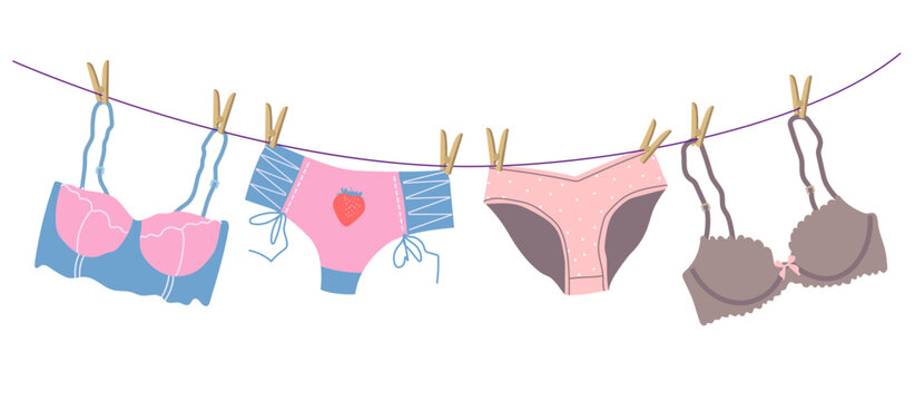 Women's lingerie sets hang on a rope. The underwear is dried after washing. Various options for panties, bras. Vector flat illustration, hand drawn for design.