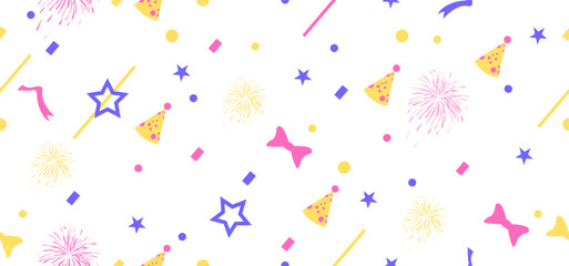 Seamless pattern with festive icons in the form of caps, stars, fireworks, sticks, circles and bows. Memphis style vector background on white background.
