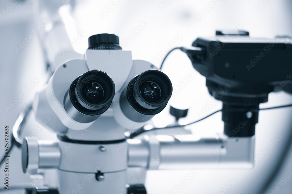 Aufkleber microscope with built-in camera, two eyepieces of a large microscope, professional biocular laborato