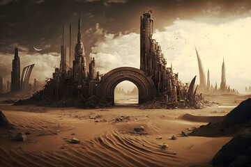City after world apocalypse, desert, made with Generative AI