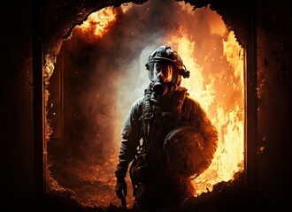 Portrait of fireman behind of burning house. Generative AI.