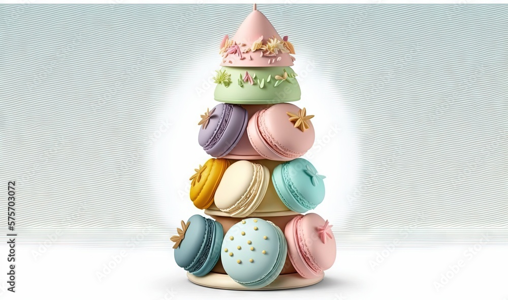 Poster a stack of colorful macaroons sitting on top of each other. generative ai