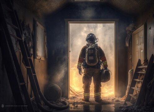 Fireman with extinguisher at burning wooden house. Concept of hero at work. Generative AI.