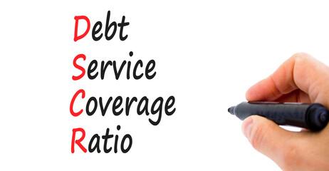 DSCR debt service coverage ratio symbol. Concept words DSCR debt service coverage ratio on white paper on beautiful white background. Business DSCR debt service coverage ratio concept. Copy space.