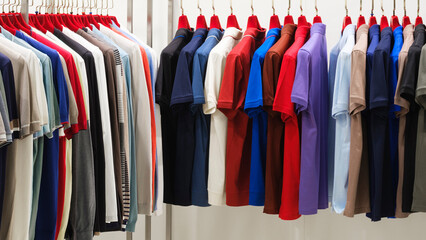 Fashion clothes on clothing rack - bright colorful closet. Closeup of rainbow color choice of trendy female wear on hangers in store closet or spring cleaning concept. Summer home wardrobe. t-shirts
