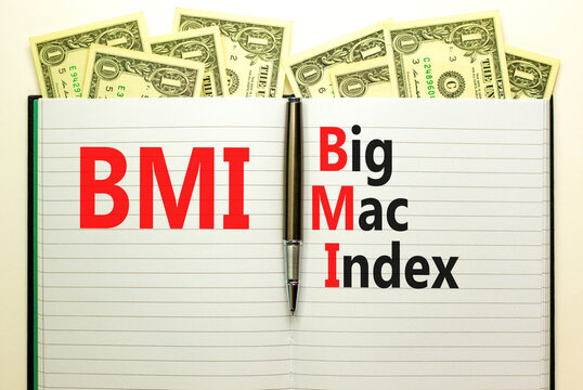 BMI big mac index symbol. Concept words BMI big mac index on white note on a beautiful wooden table wooden background. Pen. Business and BMI big mac index concept. Copy space.