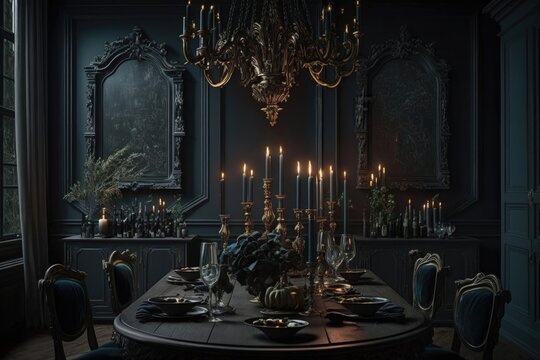 Dark gothic dining rooms. Decadent decor inspo. Generative AI 